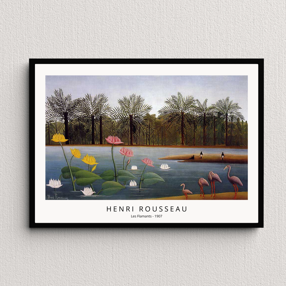 Poster di Henri Rousseau artista francesce The Flamingos I Fenicotteri Les Flamants 1907 versione galleria con bordi bianchi passpartout scritta sans serif stile moderno