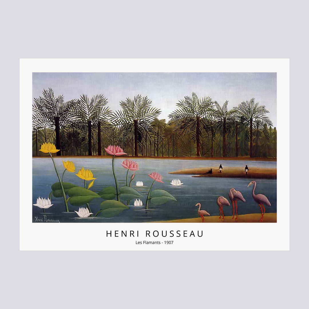 Poster di Henri Rousseau artista francesce The Flamingos I Fenicotteri Les Flamants 1907 versione galleria con bordi bianchi passpartout scritta san serif stile moderno