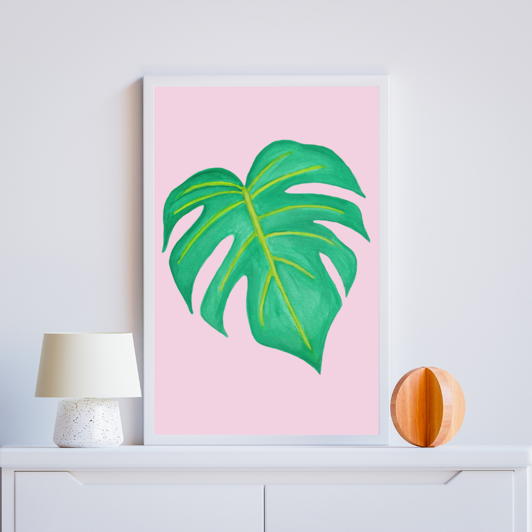 Poster Monsera deliciosa su sfondo rosa